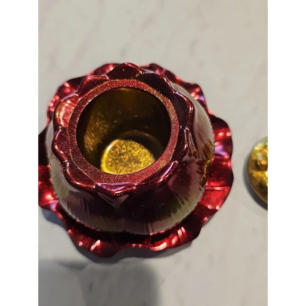 Resin Handmade Jar With Lid And Plate Holder Red Gold  Decoration Gift ‎ 625